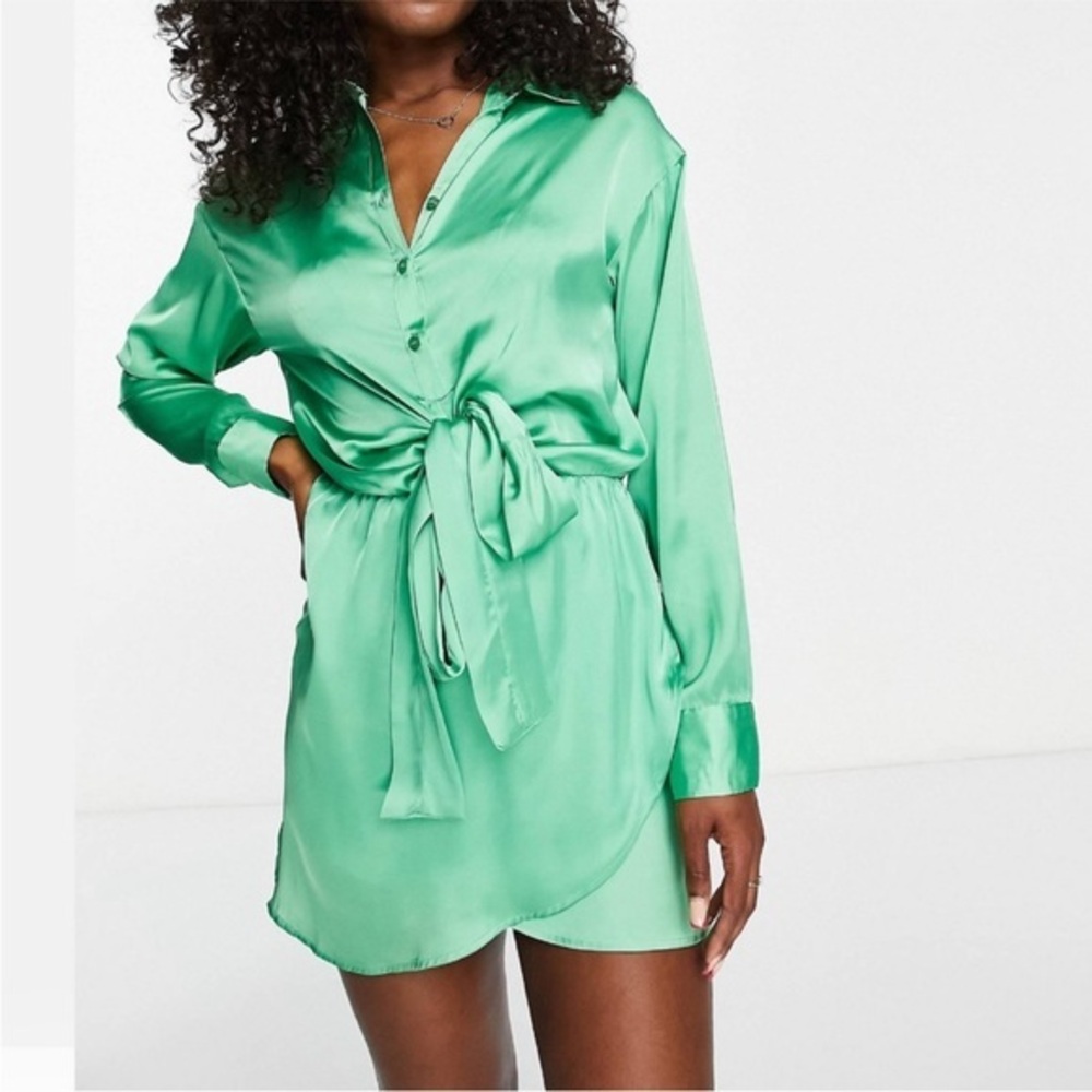 NWT Pull&Bear Satin Tie-Waist Shirt Dress in Mint Green size XL